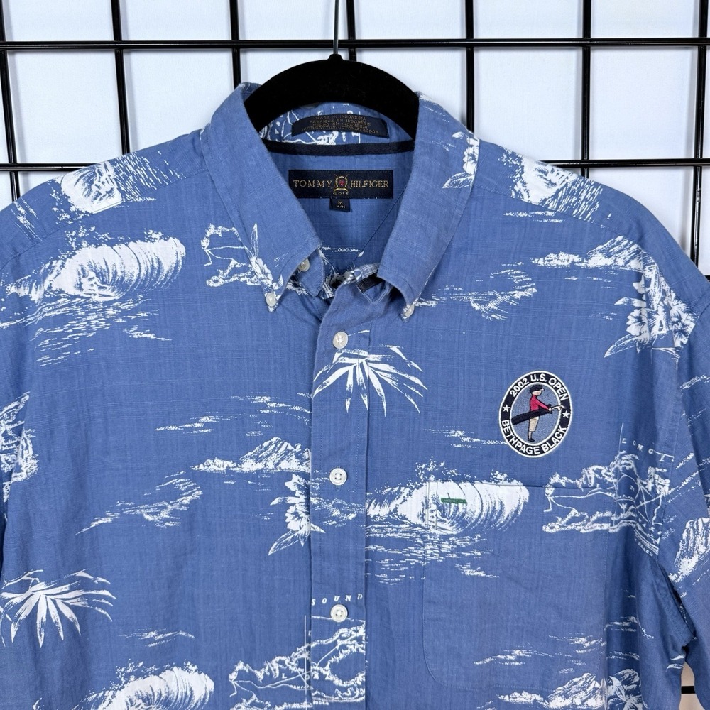 Vintage Tommy‎ Hilfiger S/S Button Down Shirt Mens M Blue Hawaiian 2002 US Open - Picture 2 of 11